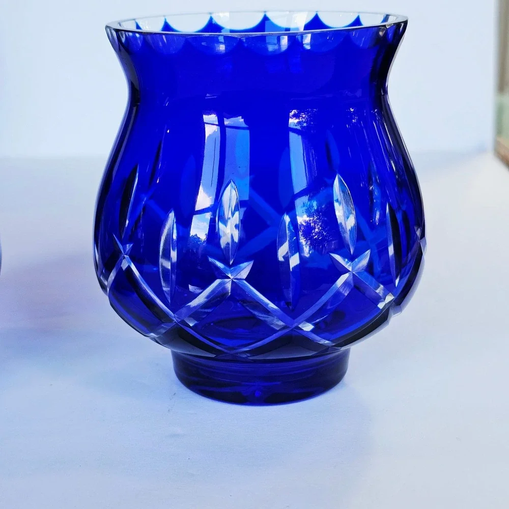 Cobalt Blue Cut to Clear Crystal Hurricane Vase Scalloped Starburst Decor